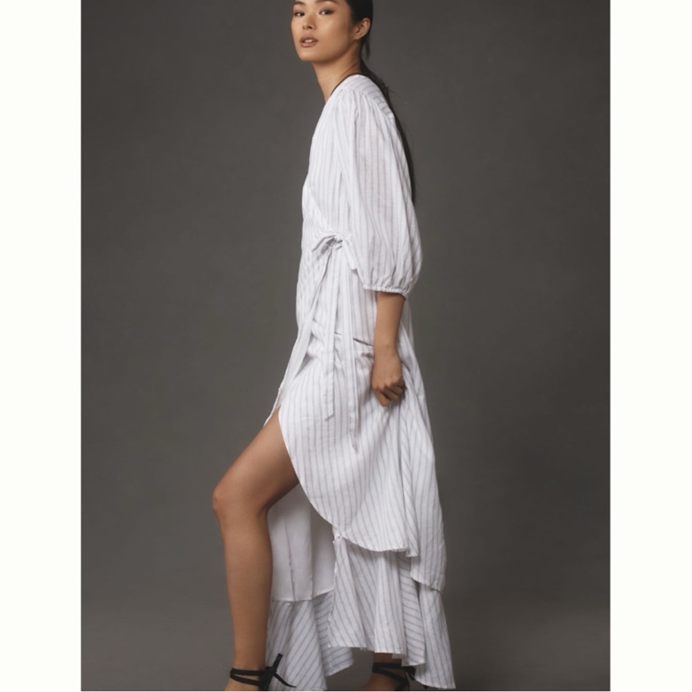 Anthropologie Maeve Tiered Linen Asymmetrical Wrap Dress NEW Large Grey Stripe - Picture 2 of 15